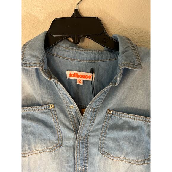 Dollhouse Chambray Denim Jumpsuit Shorts Romper S - Picture 7 of 7